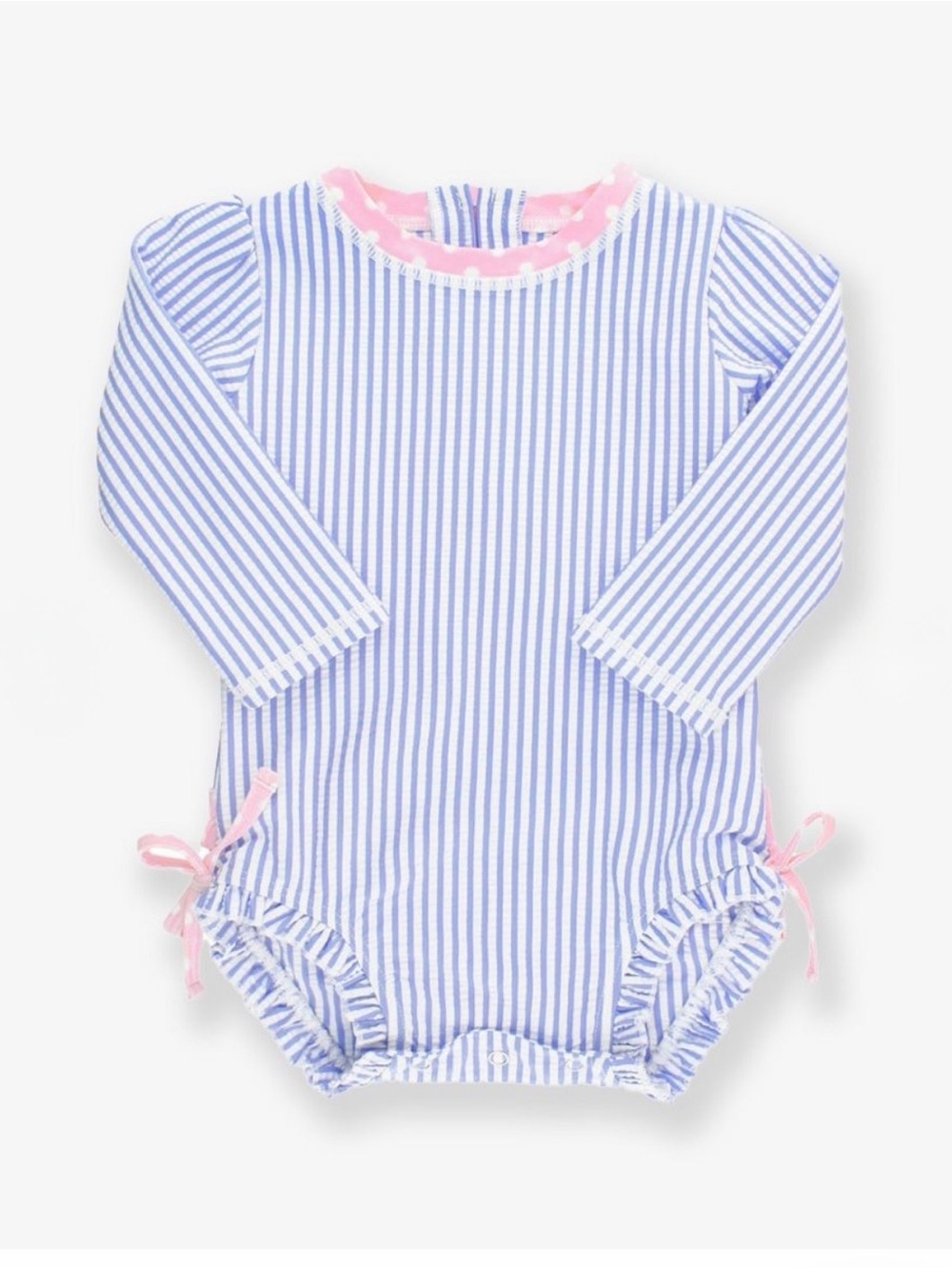 Ruffle Butts Periwinkle Blue Seersucker Swimsuit with Pink Polka Dot Trim